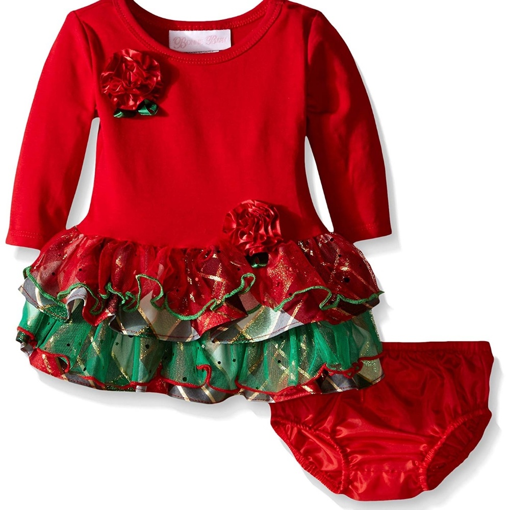 Bonnie Baby Red‎ Tutu Christmas Holiday Dress Set size 24 Mo Long Sleeve